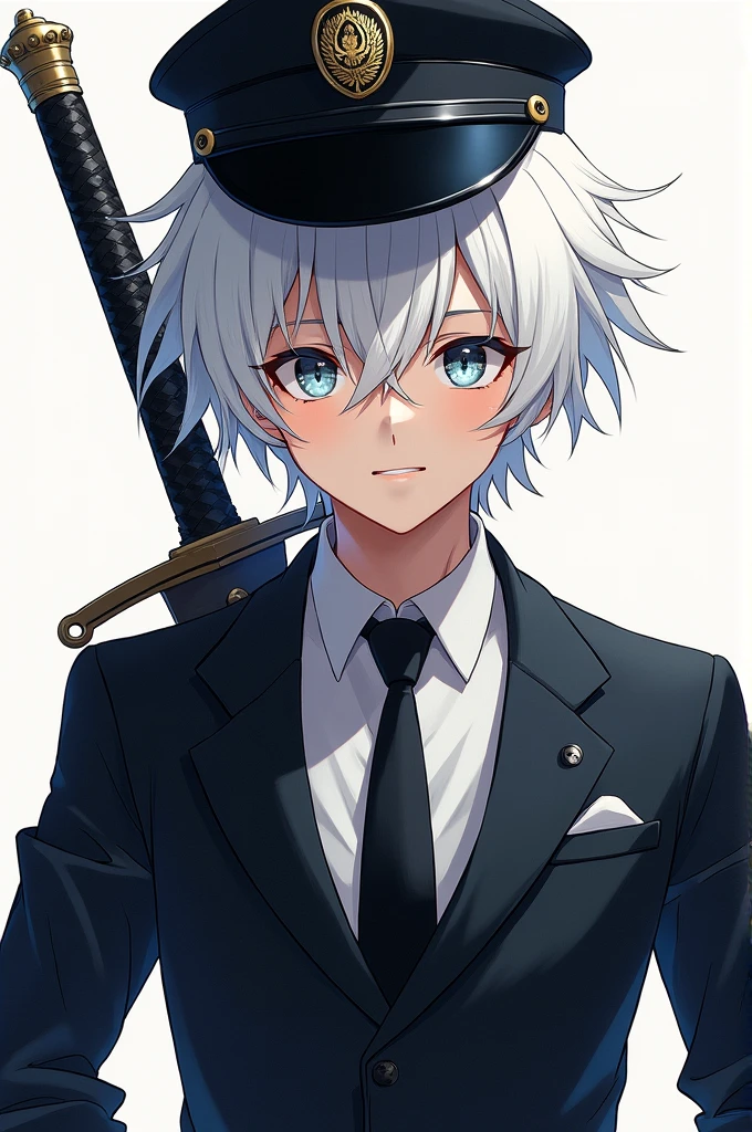 Anime boy, White hair, black police hat, sword on back, Wear a suit