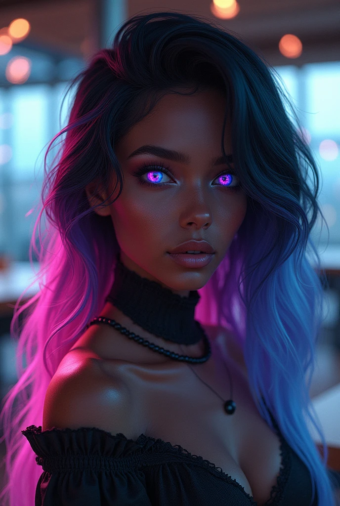 futuristic girl, dark skin, purple colored eyes, space, purple hair, blue hair, pink hair, long hair, dark skin, futuristic coffee shop