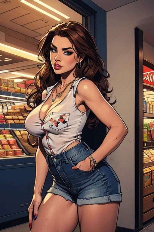 1girl, total MILF, solo, very detailed, Beautiful spanish woman, Erotic seductress Carmen Electra, long brunette hair, looking at viewer, beautiful eyes, brown hair, full lips, huge perfect breasts, big boobs, perky tits, busty, booty, jewelry, loose white shirt, sleeveless shirt, very deep cleavage, pants, necklace, nail polish, lips, head tilt, denim blue jeans cheeky shorts, red nails, hand in pocket, jeans, print shirt, background: shopping mall supermarket cookies section. Sexy pose, sensual, art style by J. Scott Campbell, shy and blushing face, sexual desire, high quality, ultra HD, SFW