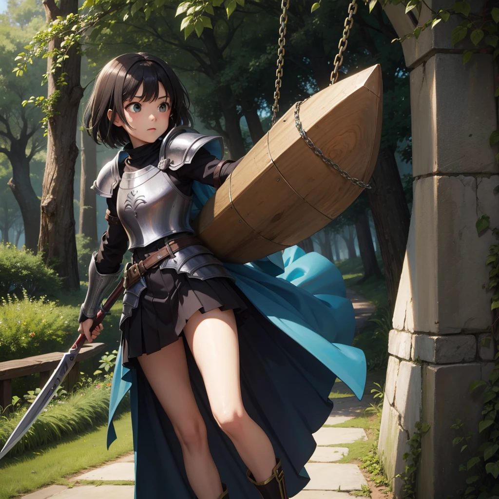 最high quality、high quality、Simple Cloth Armor、10Year-old girl adventurer、Equipped with a weapon that has a short chain at the end of a stick and a spiked iron ball at the end of the chain、In a dark maze、Green armor