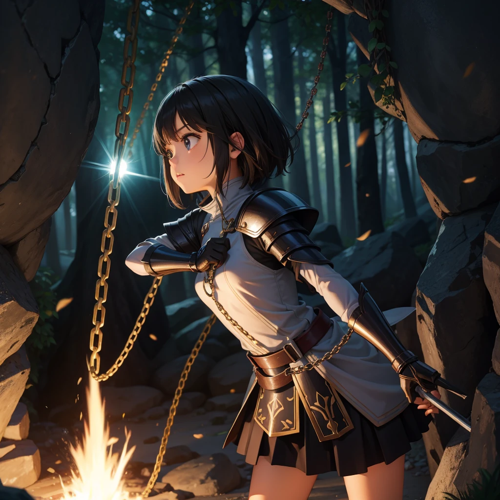 最high quality、high quality、Simple Cloth Armor、10Year-old girl adventurer、Equipped with a weapon that has a short chain at the end of a stick and a spiked iron ball at the end of the chain、In a dark maze、Green armor