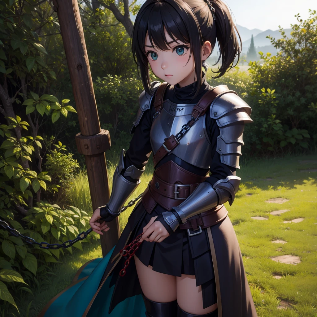 最high quality、high quality、Simple Cloth Armor、１０Year-old girl adventurer、Equipped with a weapon that has a short chain at the end of a stick and a spiked iron ball at the end of the chain、In a dark maze、Green armor