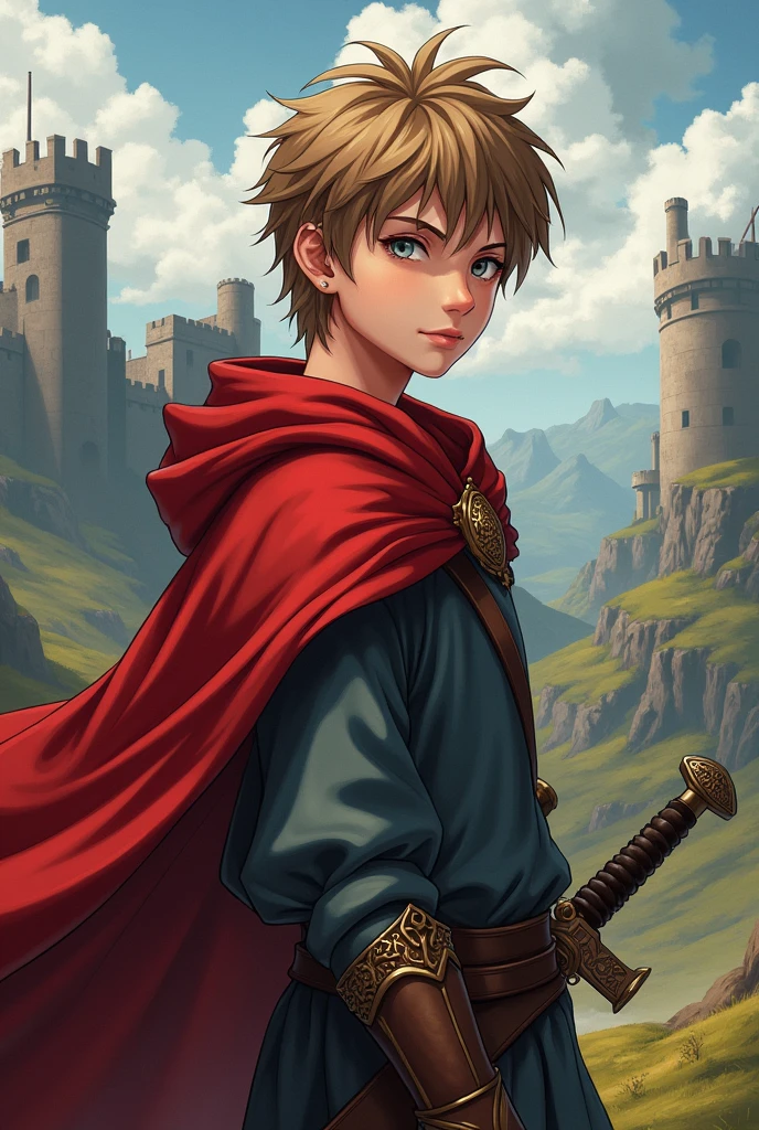 Create a Teenage Medieval Anime Character, he has a red cape and a sword, his hair is light brown and long, and his eyes are gray and his chin is square