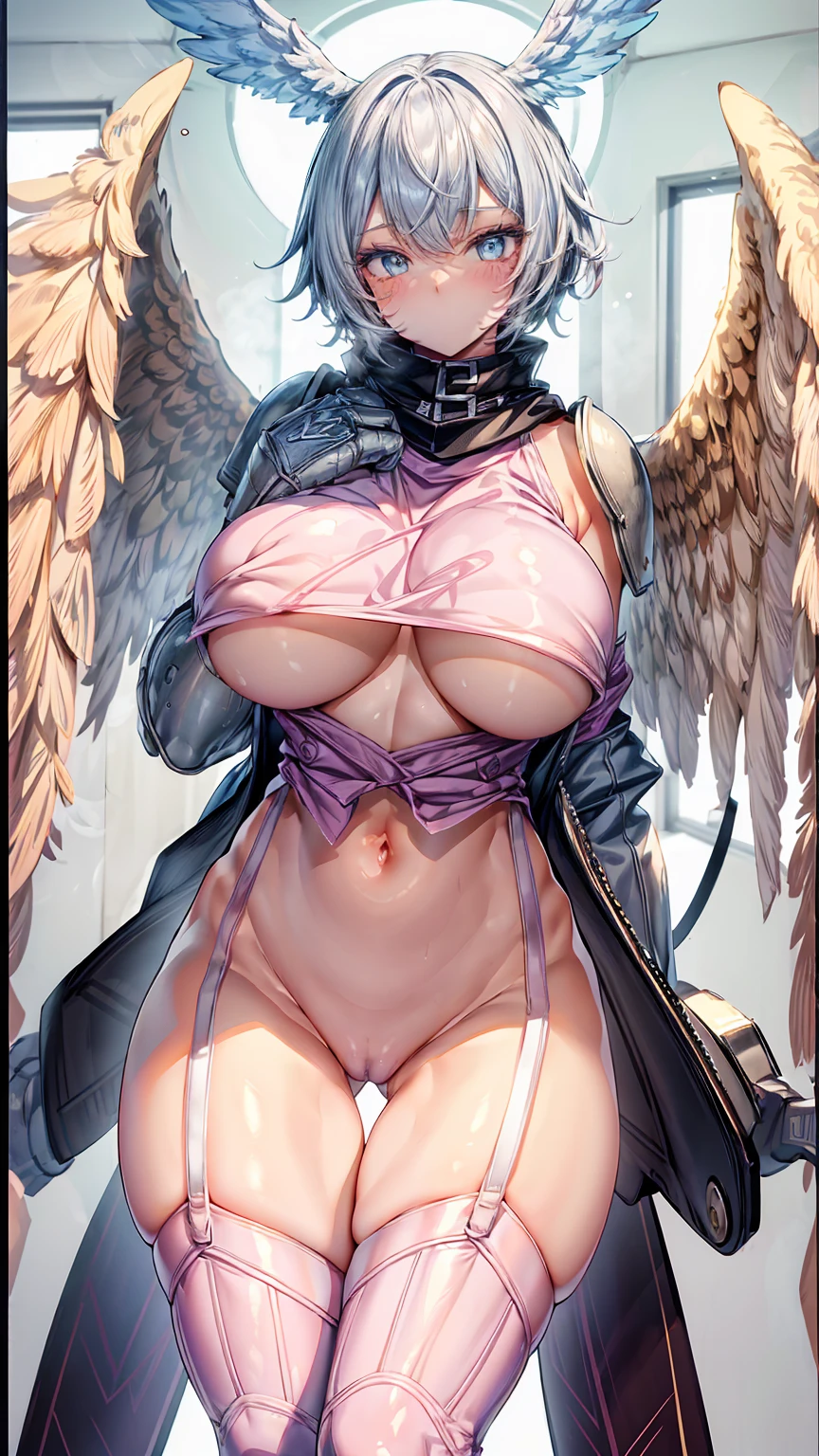 Highly detailed, highest quality, best picture quality, masterpiece, 8K, anime face, kind smile, sparkling blue eyes, (SFW Giant), (Big boobs: 1.5), stunned, cowboy shot, (High leg: 1.5), claw hands, mouth mask, shy, scarf, big head wings, (mouth mask), facial scar, abdomen, leash, pink paw print shoes, (pink sweatshirt), (garter straps), big brown feathered wings, scarf, pink knee socks, full body, Guido Daniele's hands