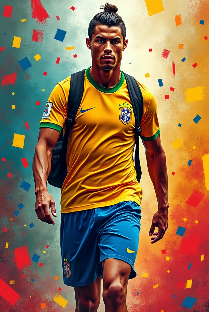 Cristiano Ronaldo, with backpack, Brazil shirt, Pixa style.