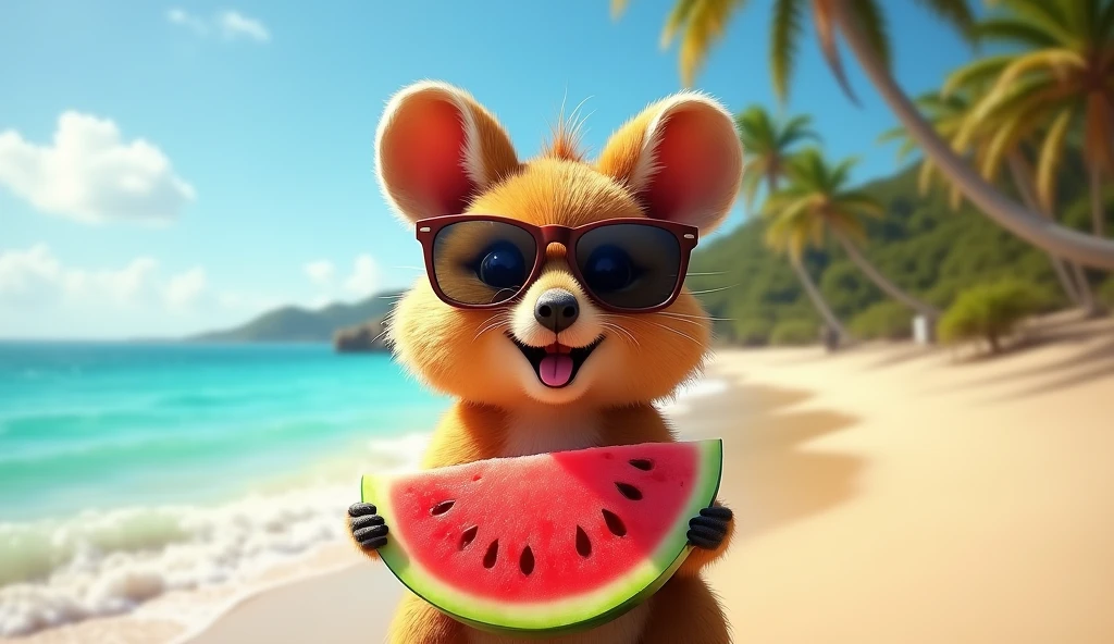 A Quokka wearing sunglasses eating watermelon on the beach