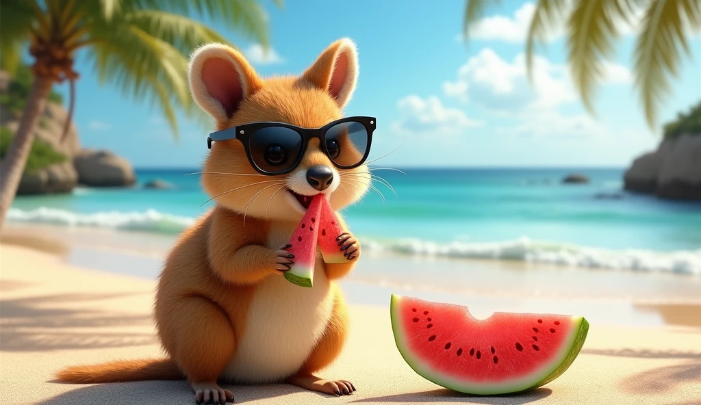 A Quokka wearing sunglasses eating watermelon on the beach