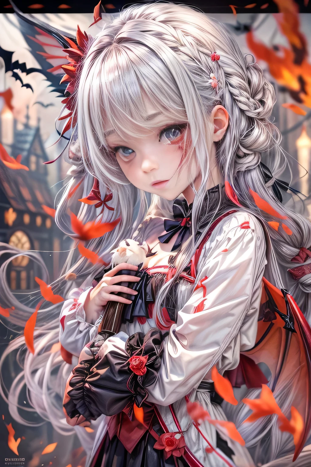 8k.Half Russian and half Japanese、Russian face、beautiful girl、princess、、Small face、Young face、Big eyes、Skinny、Small breasts、（（（Silver Hair、Silver Hair）））、With bangs、（（（High resolution big beautiful light blue eyes, ）））、Long Straight、（（（Red ribbon in hair、Floral decoration）））、Partially braided、Japanese school uniform、Gray school uniform、Red bow tie、A girl surrounded by fantastic red flames，（Girl with big bat wings）、2 people、twins、ヴァンパイアのprincess、（Sharp Fangs）（Blood dripping from fangs）、Red flame aura all over the body、（（Destroyed Cross））、Open coffin、Control countless red balls of fire、、Halloween Costumes, Pointy hat、Decorated pumpkins with intricate haunted house motifs.black magic、magic circle、（（Illuminated shadow of a bat on a cloud））、Old clock tower、fantasy landscape、A red light emanates from her chest and spreads through her veins、Red Flame Fantasy、Halloween Master、（（（A glowing red cat with bat wings）））、２Animals、Swarm of bats、central、god々Successfully、Bloody、Horror