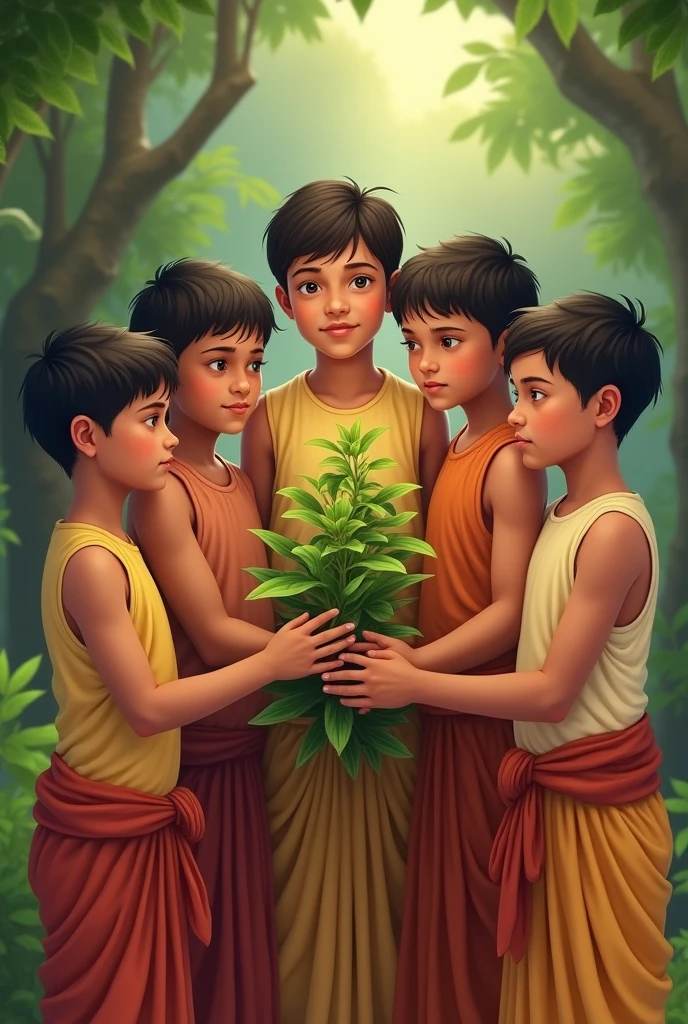 Group of 6 members boys holding the Tulsi plant 