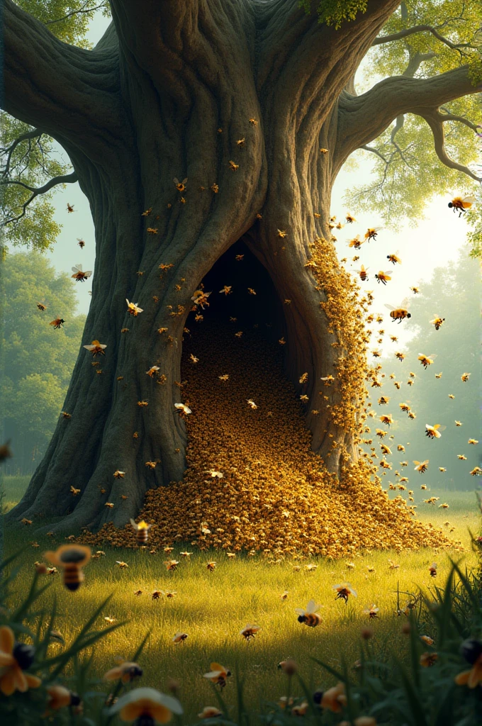 A swarm of bees escapes from the tree