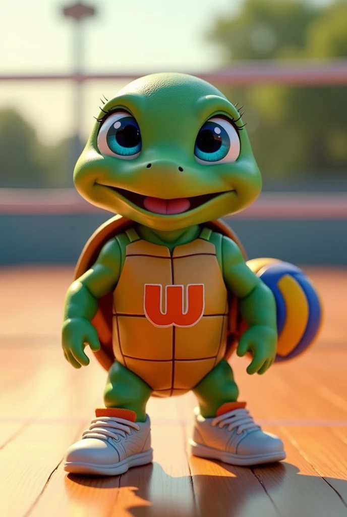 Waku, an adorable turtle with vibrant green skin and a rich brown shell, looks up with bright blue eyes shining with excitement, as if celebrating a triumphant spike, stands on a modern volleyball court covered with polished wooden floors, holding a volleyball in her hand, wearing a tank top with a stylized orange lowercase "W" logo on the chest, her tiny tennis shoes laced up and ready for the next serve, capturing the essence of her spirit cheerful and competitive, with soft, warm lighting that casts a comforting glow on the overall scene.