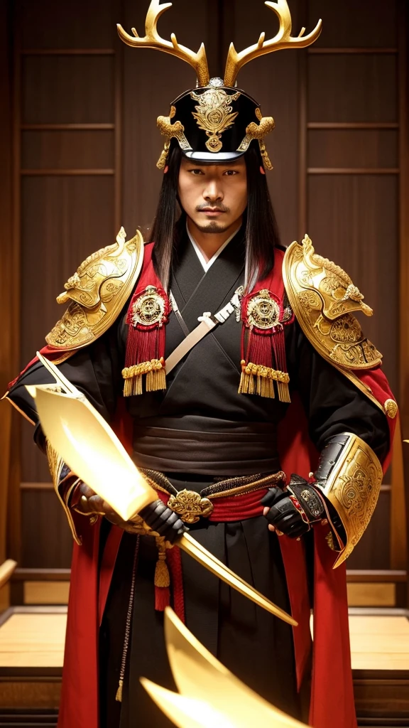 Create an image of Oda Nobunaga, a powerful and influential warlord of the Sengoku period. He stands confidently in the center of a traditional Japanese castle's grand hall, with a backdrop of ornate gold screens depicting fierce battles. Nobunaga is in his early 40s, with a sharp, intense gaze that reflects his ambitious and fearless nature. His face is stern, with a neatly trimmed short beard. He wears a resplendent set of samurai armor with intricate golden details, a symbol of his wealth and authority. Over his armor, he dons a crimson cape that flows behind him, enhancing his commanding presence. His helmet, adorned with a large pair of golden antlers, is placed beside him on a wooden stand. In his hand, he holds a katana with a beautifully crafted hilt, its blade reflecting the dim candlelight in the room. The atmosphere should convey a sense of power, ambition, and dominance, capturing Nobunaga’s relentless drive to unify Japan.