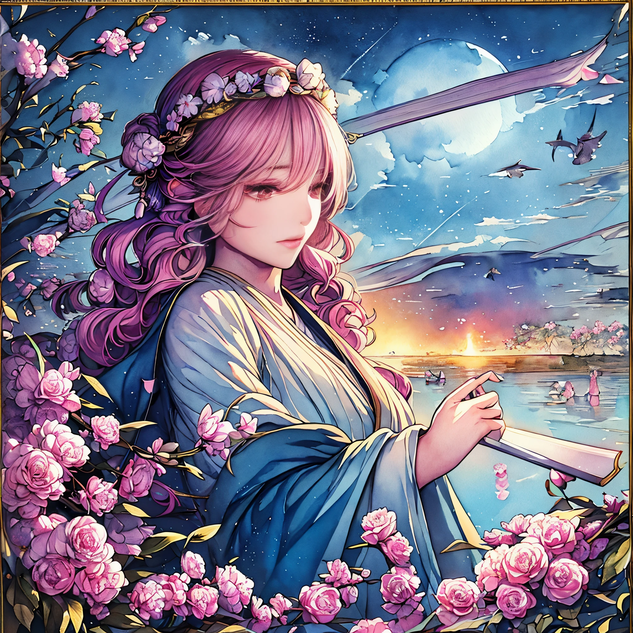 masterpiece: 1.7, Highest quality, Very very beautiful, Delicate use of colour、Detailed face、Realistic facial expressions、 art, (Watercolor(curly)、公式art、Realistic、Beautiful and aesthetic:1.3)、(One Girl:1.3)、(フラクタルart:1.3)、(kimono)、Upper body、From the side、Looking at the audience、pattern、Flowers, birds, wind and moon、Yuki、A Thousand Cranes、cloud、lanthanum、Starry Sky、performer、(Tabletop, Highest quality), Very detailed, Sexy Female Ronin, warrior, Cherry border, Japan tattoos, knife, Japan, night, moonlight, ベクタースタイルのart, erotic, Movie Poster Style, lettering.