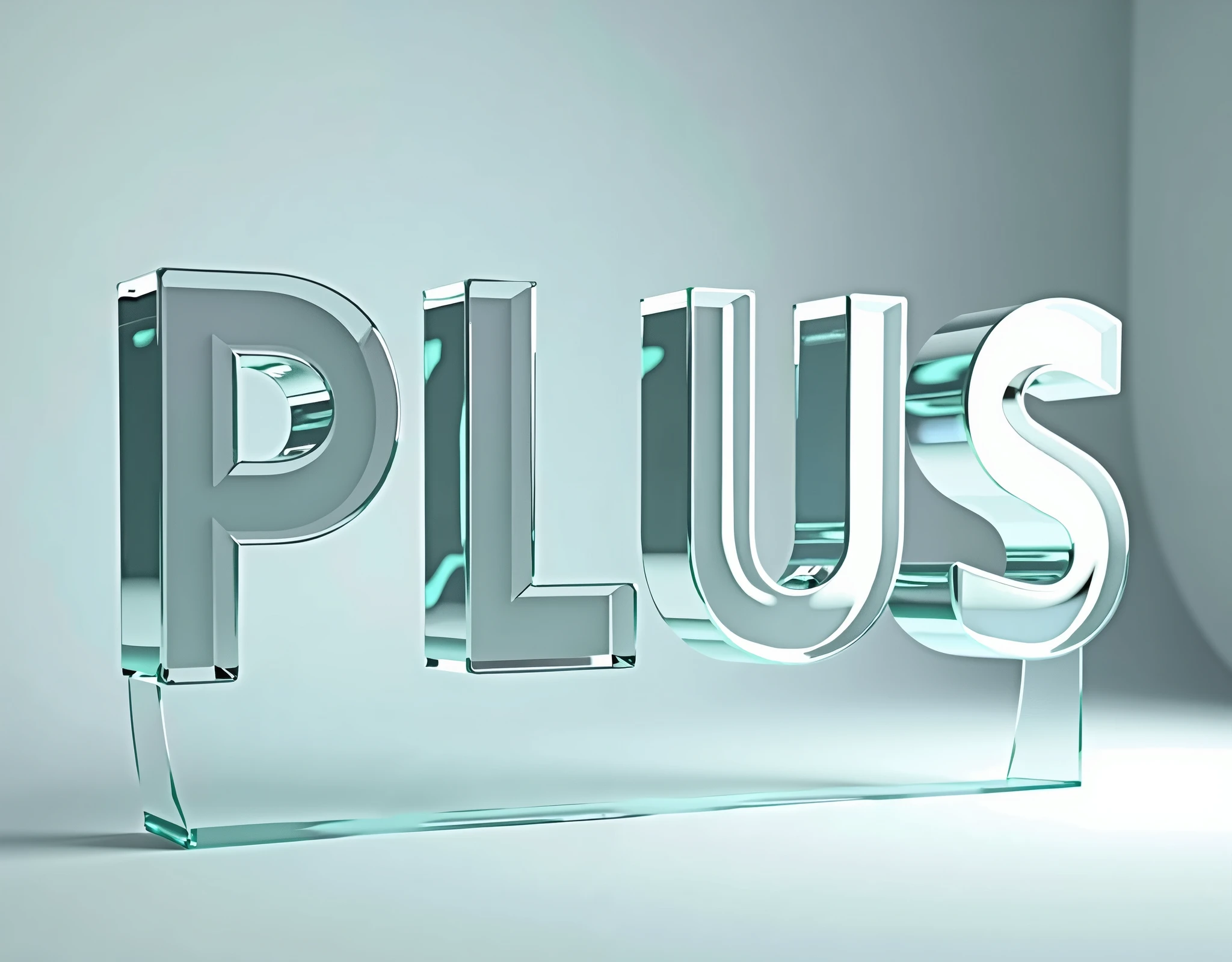 Glass letters are p l u s, transparent, (Looking up from the bottom left), HDGlass letters are plus, transparent, The camera looks up from the lower left., HD