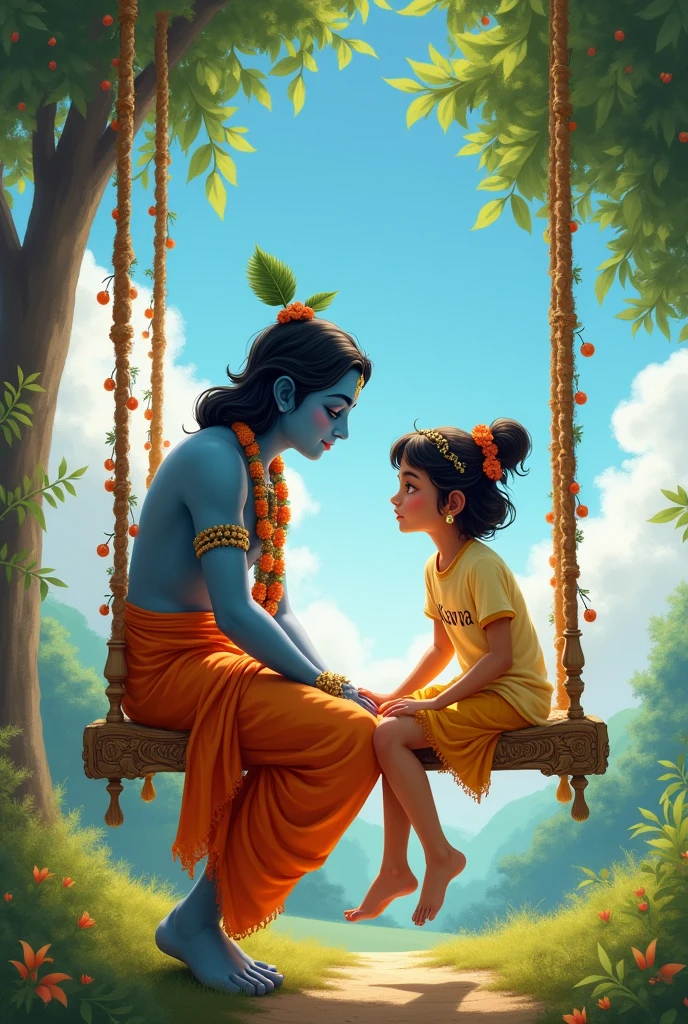a girl with kavya written on her tshirt, sitting with lord Krishna on a swinging chair