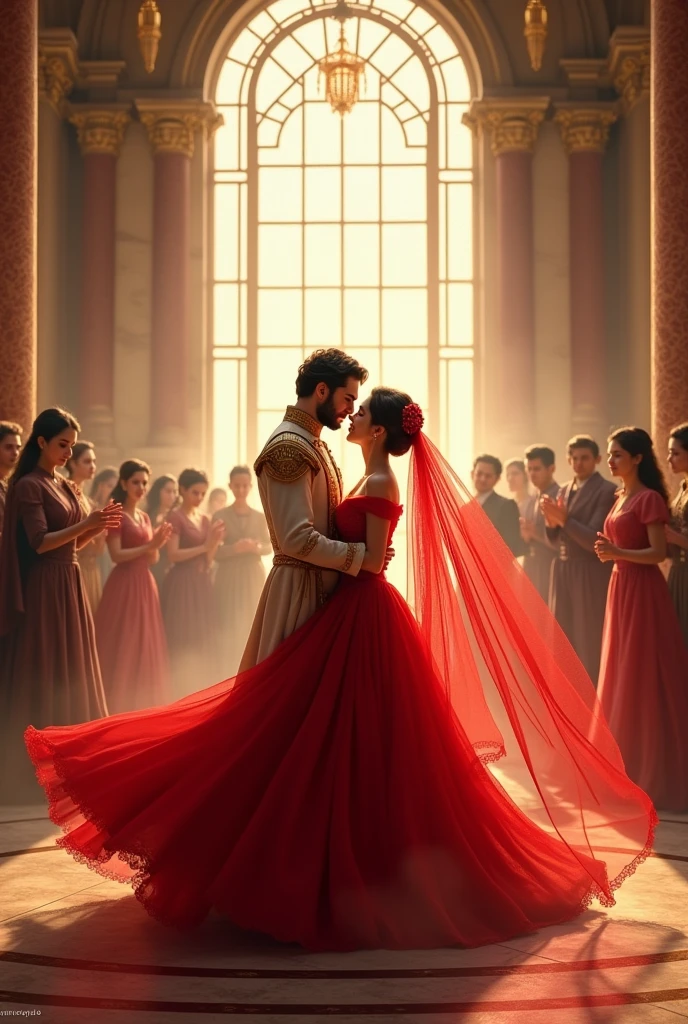 In a beautiful galssy palace on a marraige day kimg and queen with long red veil marriage dress dancing in a full of love and king make her a swirl  and people bowing head 