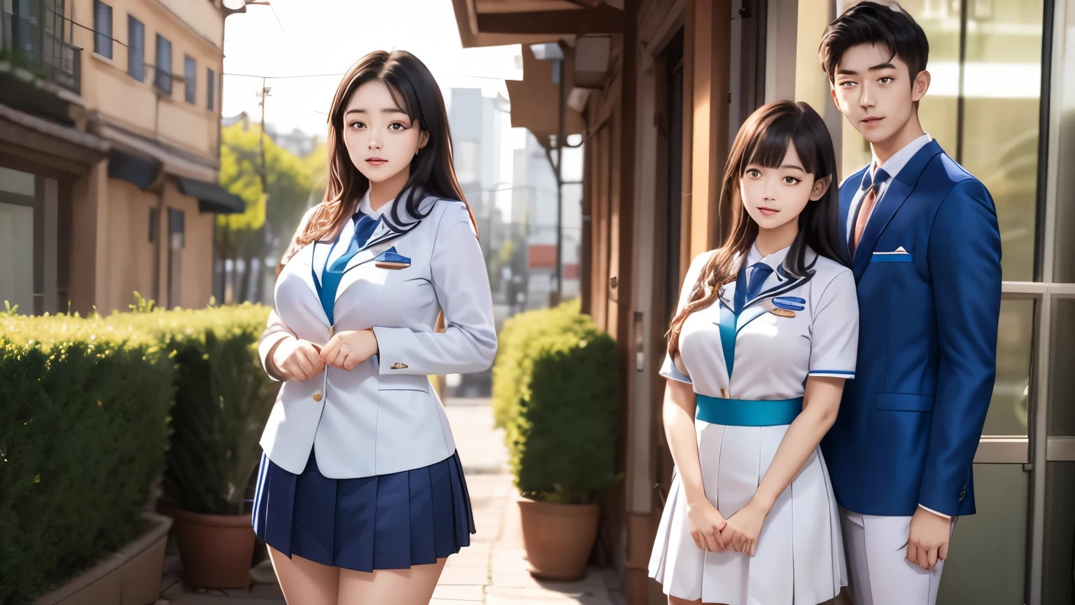 twin Korean sisters, one is chubby and wears a school uniform, and one is slim and wears fashionable clothes, standing and laughing with, a Korean boy tall and handsome wears blue fashionable dress, boy is standing in the centre ,background is beautifull flowers garden, write the miracle in bottom
