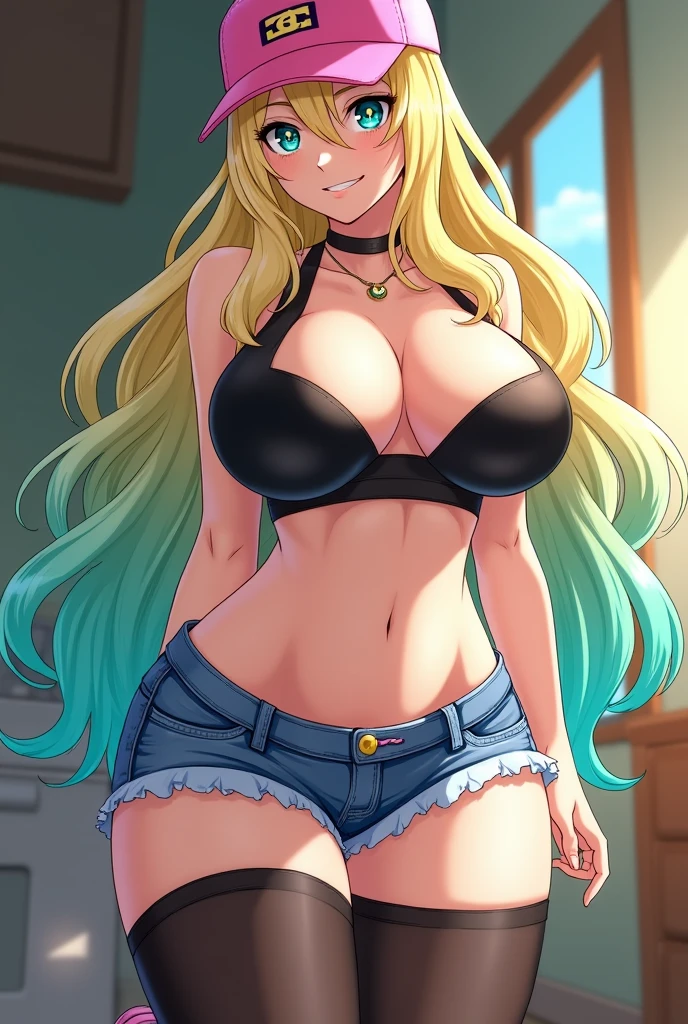 In her human form, Quetzalcoatl is a tall, fair-skinned woman with an hourglass figure and large breasts. She has long, wavy blonde hair, in the anime her hair takes on a turquoise and green color at the ends. She has heterochromia, where one iris has a different coloration from the other. Her left eye is navy blue on the outside and yellow on the inside, with a green, slit pupil. Her right eye is green on the outside with designs and black on the inside with a yellow, slit pupil. Although she tends to keep her eyes closed most of the time. Like Tohru, Quetzalcoatl keeps her horns but does not retain her tail, or decides to keep it hidden. When she first arrives at Kobayashi's home, she dons a pink cap, a choker, and necklace (only in the manga), a black tank top that exposes her cleavage and stomach (covers her stomach in the anime), jean booty-shorts that reveal a generous portion of her buttocks (in anime), thigh-high black stockings, and pink shoes. She does not wear a bra, which allows her voluminous breasts to jiggle and bounce without much restraint with every movement she makes, creating a distracting environment to those around her, especially males. However, this seemed to be advantageous as it helped a young boy named Shouta Magatsuchi win a relay race as many of the other male runners were distracted by her breasts bouncing. Kobayashi even comments that her outfit "does not leave much to the imagination."