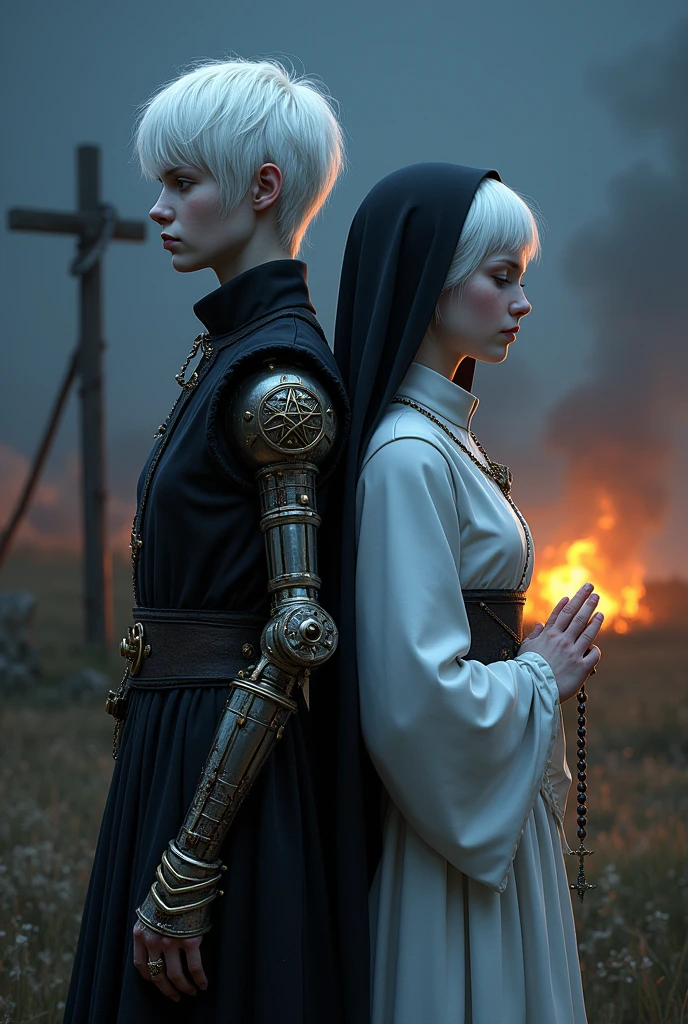 Two albinos from the Middle Ages back to back with violet eyes and white hair, with the one on the left wearing dark alchemist clothes and the left arm with a steampunk prosthesis with a pentagram and blood, and the one on the right in white nun&#39;s clothes holding a rosary with her eyes closed, with an execution at the stake behind. the night 