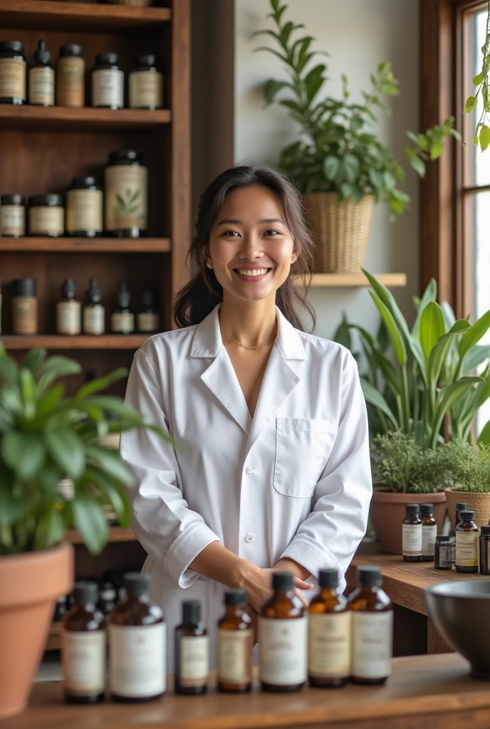 A desktop background image of a woman with health herbal products in pharmacy 