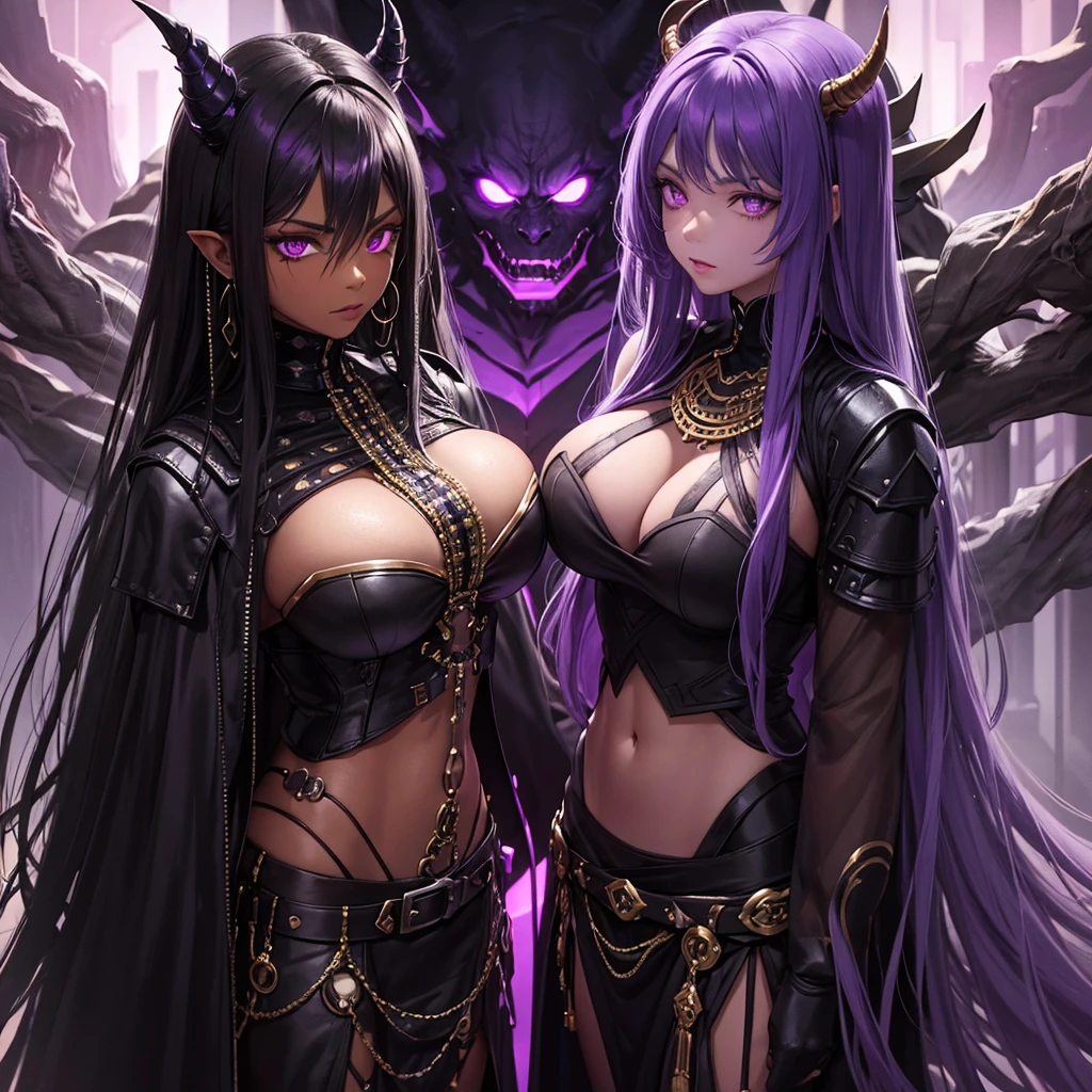 Dark, African American, MAN, indiffirent, powerful,mirroring DEMON,ONI, bewitching dreadlocks, dark clothing, dark armor, fantasy, gold purple and black color palette, determined deep purple eyes 