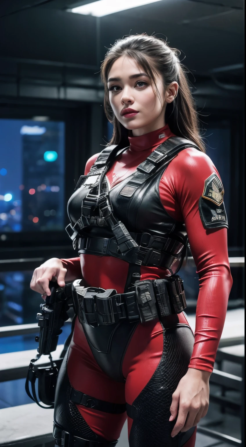 1 girl, best quality, highres, textured skin, 8k, Anatomically correct, masterpiece:1.2, photo-realistic:1.2, cowboy shot, super realistic details, Realistic proportions, extremely detailed face, round face, round eyes, glamorous body, curvy:1.2, looking at viewer, (((female special forces soldier, highly intricate detail special forces costume, heavy Armed woman:1.5, Woman armed with gun:1.2, Very tight combat red suit with various decorations:1.5, special forces crest:1.5, modern equipment, tactical vest ,military harness, magazine belt, mechanical parts, Telecommunications equipment,))) Confident smile, stylish hair, Small breasts, visible cleavage, gleaming skin, TOKYO of cyberpunk, 2080s, night scene, Beautiful Neon Lights, Rooftops of high-rise buildings,Heliport on the roof of the building, A scene from a movie, cinematic lighting, cinematic shadows, vibrant colors, feminine yet authoritative, attention to facial features and makeup, depth of field, Futurism,mix4,SWAV