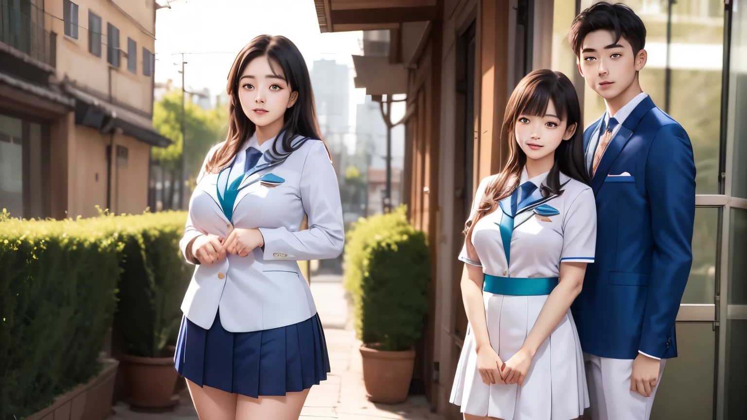twin Korean sisters, one is chubby and wears a school uniform, and one is slim and wears fashionable clothes, standing and laughing with, a Korean boy tall and handsome wears blue fashionable dress, boy is standing in the centre ,background is beautifull flowers garden, write the miracle in bottom