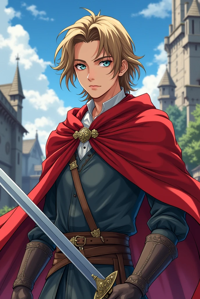 Create a Medieval Male Teenage Anime Character, he has a red cape and a sword, his hair is light brown and long, and his eyes are gray and his chin is square