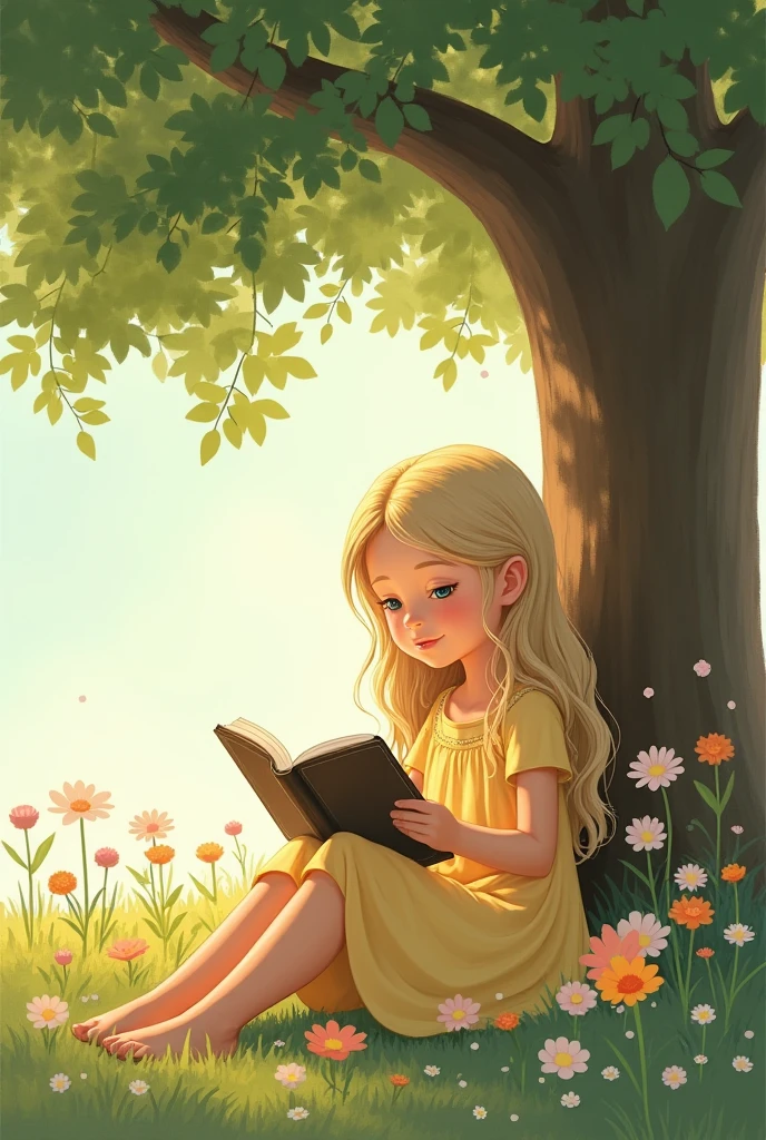 Girl with wavy hair reading a book - A young girl with long wavy blonde hair, wearing a yellow dress, sits under a tree with an open book in her lap, surrounded by blooming flowers. Whimsical, pastel colors, outdoor scene.