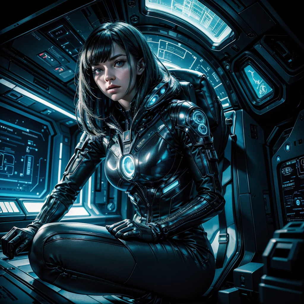 a woman in an ordinary futuristic uniform,analyzing alien technological components via holographic screen,interior of alien spaceship with strange symbols,hyper-realistic,hyper-detailed,photo-realistic,cinematic lighting,dramatic shadows,intricate details,high quality,masterpiece,8k