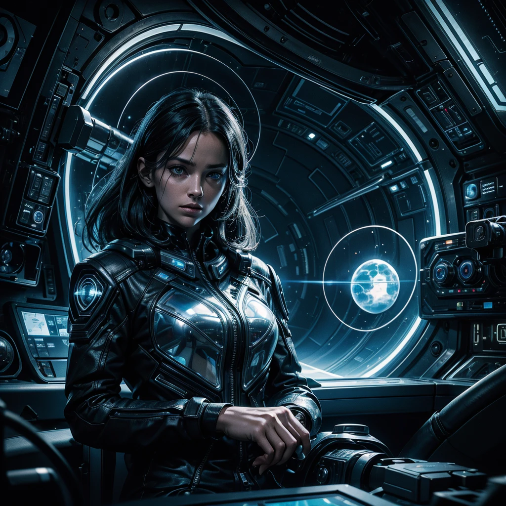 a woman in an ordinary futuristic uniform,analyzing alien technological components via holographic screen,interior of alien spaceship with strange symbols,hyper-realistic,hyper-detailed,photo-realistic,cinematic lighting,dramatic shadows,intricate details,high quality,masterpiece,8k