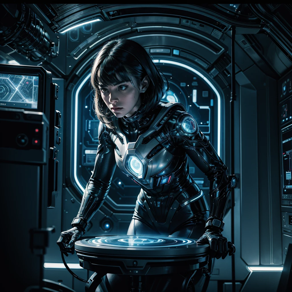 a woman in an ordinary futuristic uniform,analyzing alien technological components via holographic screen,interior of alien spaceship with strange symbols,hyper-realistic,hyper-detailed,photo-realistic,cinematic lighting,dramatic shadows,intricate details,high quality,masterpiece,8k