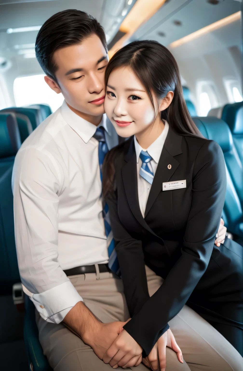 Female flight attendant touching man&#39;s crotch、、blush、Seduce、High definition、Depth of written boundary、Adult face、Long face、Half-open eyes、blank stare、Troubled expression