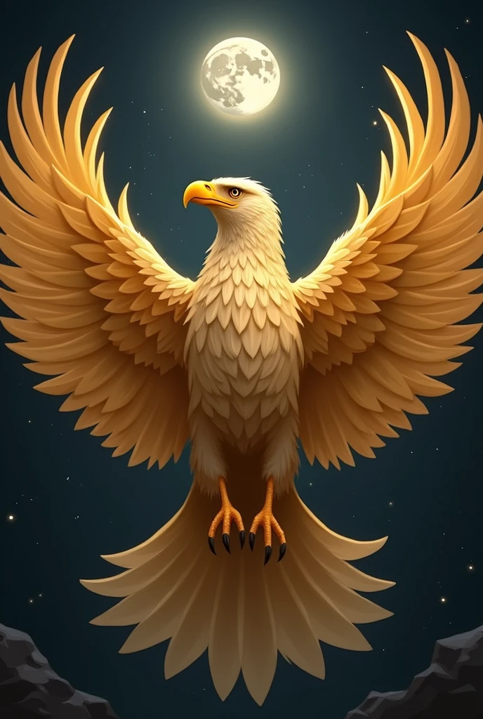Aigle doré majestueux avec de jolies plumes ttes simples et déployant des ailes, de tel sorte que la lune reste pile au milieu de ses ailes et qu'elle soit tte   entre ses ailes là
J'insiste sur la dernière partie
C'est important pour moi  
Et une lune pas trop grosse
Tte 
Et le déploiement des ailes doit être total