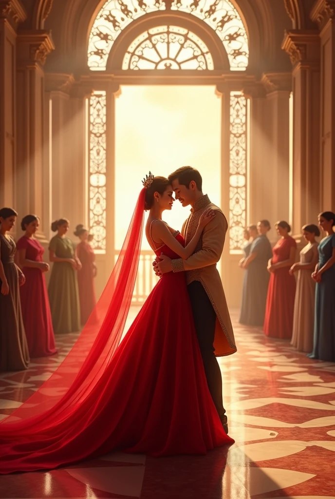 A beautiful white couple gazes ahead at the Royal Ball, waltzing gracefully, overlooking the viewers, their reflections on the marble floor. She wears a flowing red dress, and the camera captures their upper bodies and close-up faces.