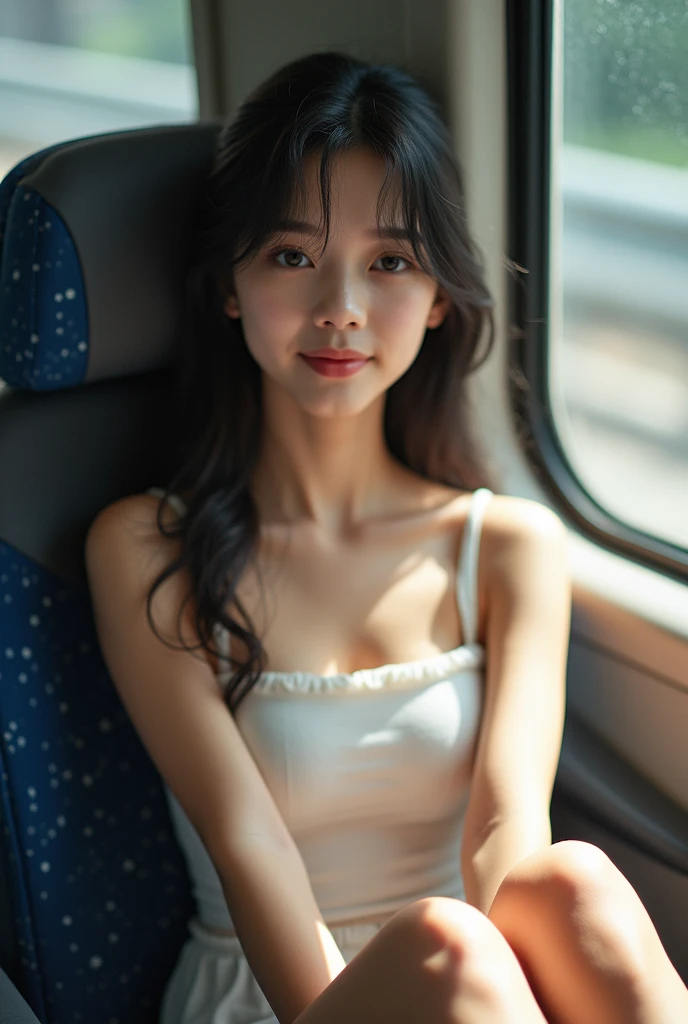 ((Highest quality, 8k,  masterpiece :1.3)), (Reality Photos:1.37)、Very detailed、Ultra-high resolution, ((From above:1.2)),((Full body photo)),Small breasts、Perfect Face、Beautiful expression、Beautiful Face、Beautiful Eyes、1 high school girl、乃木坂系beautiful girl:1.4,beautiful girl、Beautiful black hair、(No bra、Sleeveless camisole:1.2、The shoulder straps are slipping and falling off.、Shoulders exposed:1.3,mini skirt）、The bright interior of a train with sunlight streaming in、((((A woman leaning against a man、Man hugging woman from behind、Men touch women's breasts：1.3、A man lifts a woman&#39;s skirt to see her panties：1.2、Button-down shirt：1.2))))、caress、Embarrassing expression、Blushing、The man has a vulgar look、Man hugging