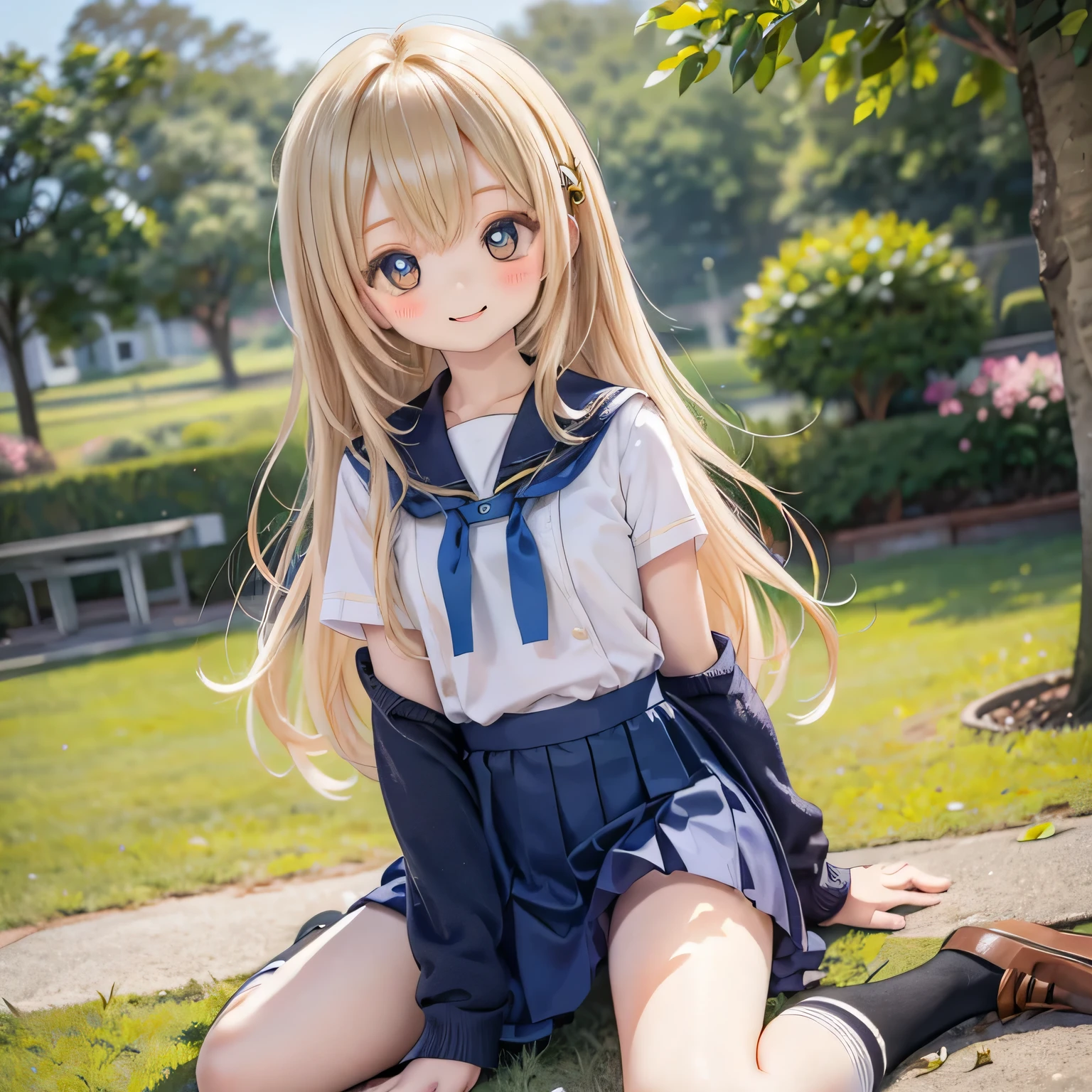 (masterpiece, best quality:1.2),illustration,8k,hd,1girl,solo,upper body,(portrait:1.2),small breasts, ((flat-chested:1.4),elf,pointy ears,very long hair,blond hair, skirt,bow,pleated skirt,white shirt,red bowtie,short sleeves,ponytail,blue skirt,bangs,hair ribbon,collared shirt,parted bangs,white thighhighs,blue hair bow,blue eyes, (summer sailor uniform, serafuku, red ribbon tie, naby pleated micro skirt, celeste string panties), (((sitting, squatting, spreading legs))), peeing, (peeing over panties)