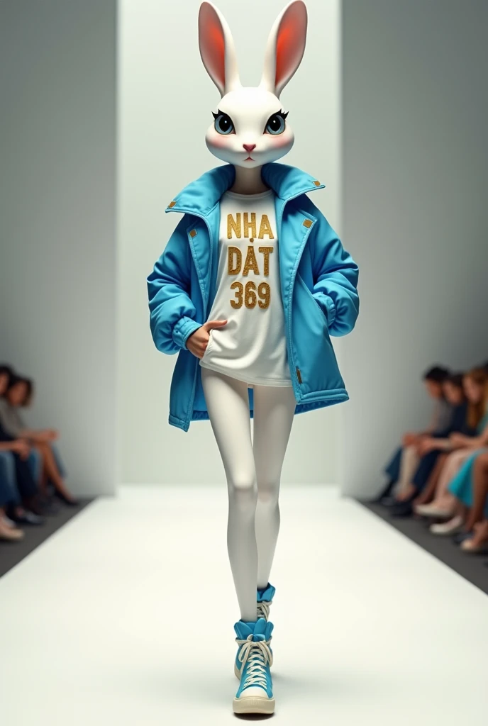 Tạo cho tôi hình ảnh một phụ nữ có khuôn mặt của 1 chú thỏ đang catwalk trong trang phục trẻ trung màu xanh dương kết hợp màu trắng và vàng, trên trang phục có dòng chữ Nha Dat 369, ảnh toàn thân