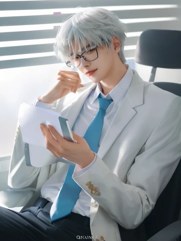 There is a man in a suit and tie sitting on a chair, wearing a white suit and glasses, wearing suit and glasses, wearing lab coat and glasses, professional cosplay, as anime character, Cai Xu Kun, handsome anime pose, sakimichan frank franzzeta, xqc, sakimichan, Nagisa Kaworu