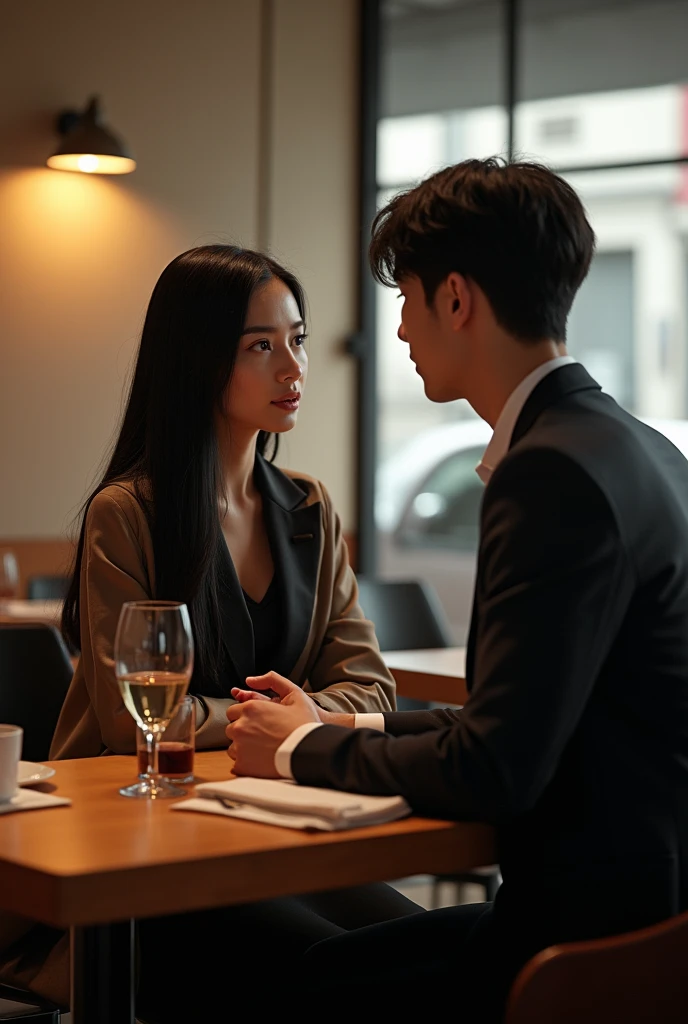 (Photorealism:1.2), Woman with indigenous traits, long hair, smooth and black, body like Paolla Oliveira, 1,60 tall, in business attire, sitting at a table in a restaurant in downtown Seoul talking intimately with a Korean man who looks very much like Kim Taehyung, vestido in business attire.