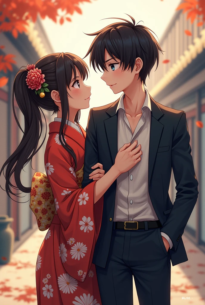 Create a girl with dark brown hair, with pigtail. Brown eyes with traditional Japanese clothing. Holding a boy&#39;s arm, Black hair and blue eyes, in elegant French attire while looking at her confused. 