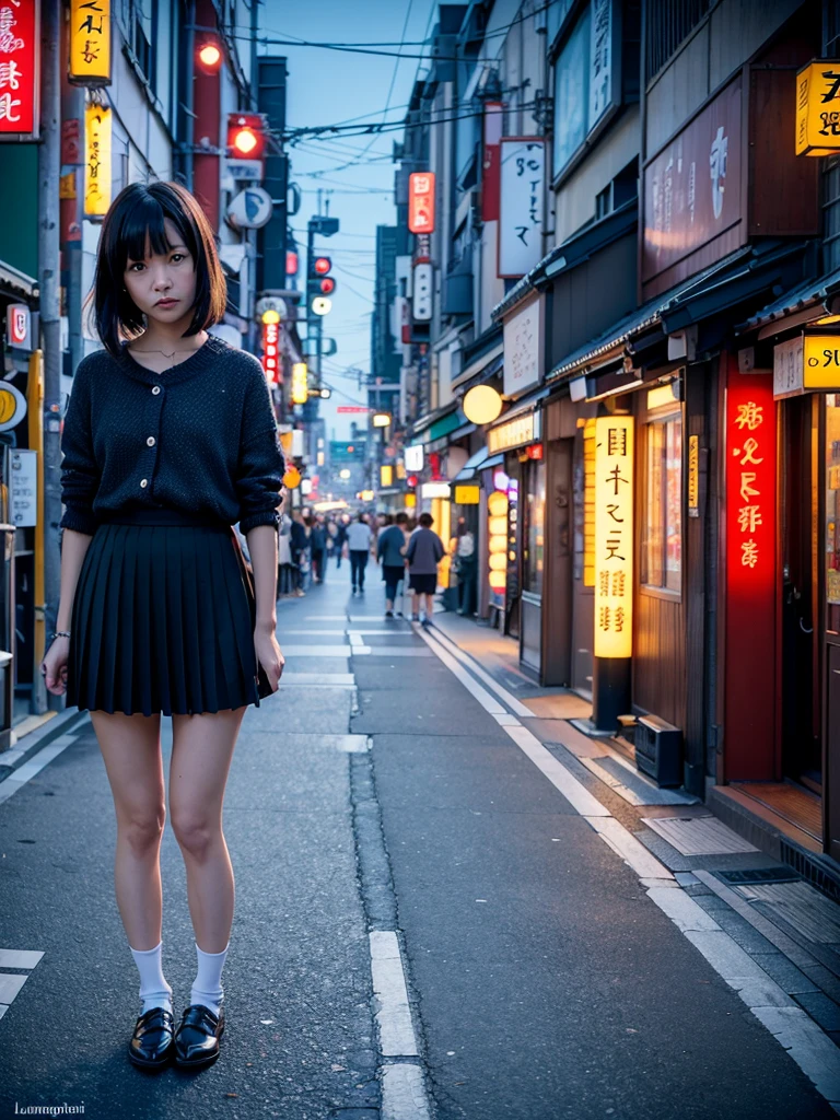 Age 35、Night streets in Tokyo、illumination、Stand up and turn towards me、Above the knee skirt、OL、Write a prompt that meets this condition.