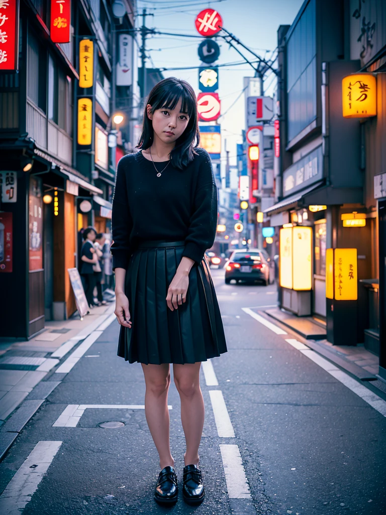 Age 35、Night streets in Tokyo、illumination、Stand up and turn towards me、Above the knee skirt、OL、Write a prompt that meets this condition.
