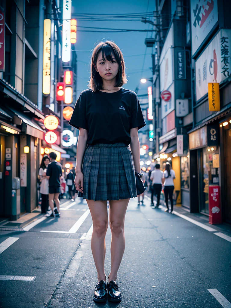 Age 35、Night streets in Tokyo、illumination、Stand up and turn towards me、Above the knee skirt、OL、Write a prompt that meets this condition.