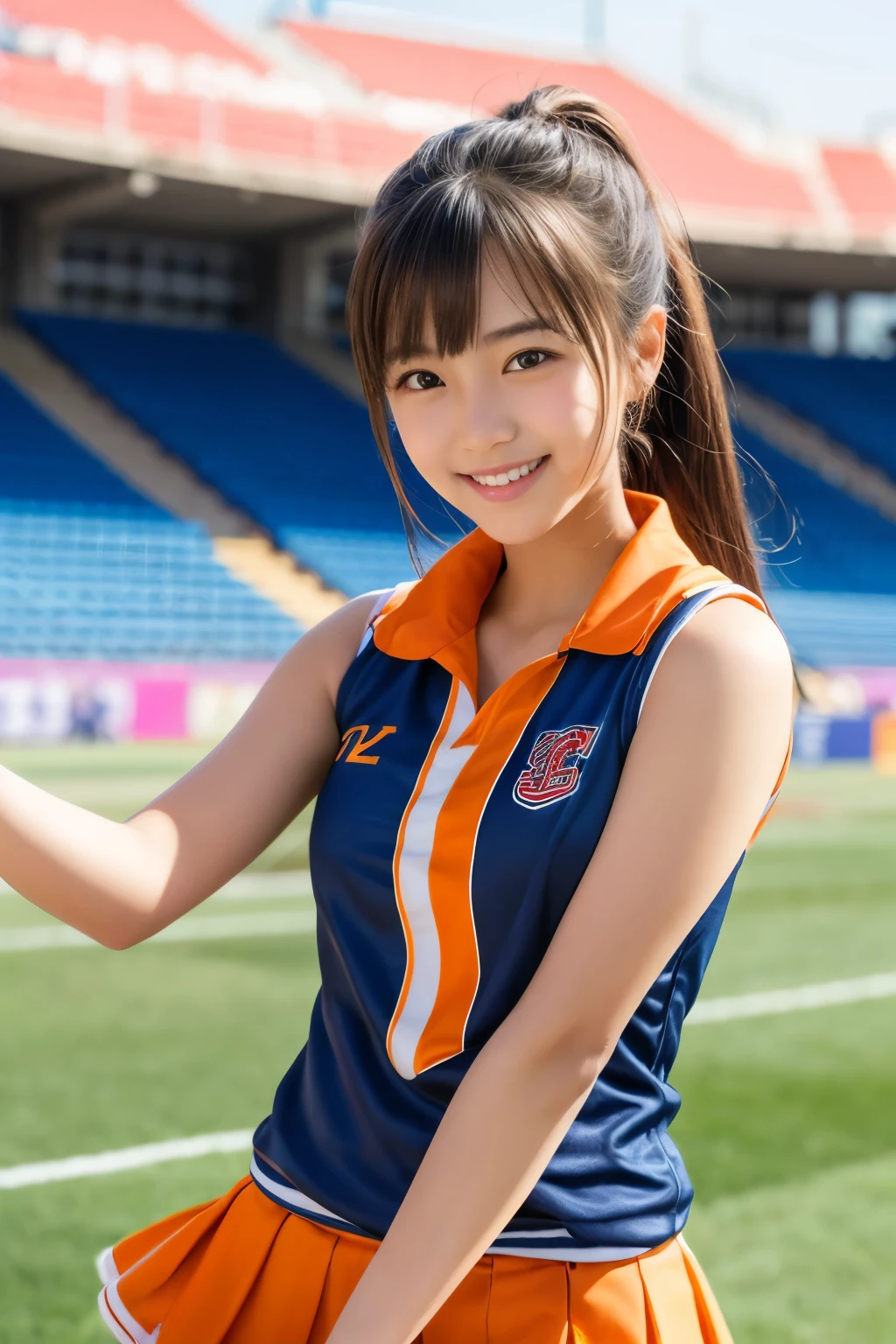 1 young girl,very cute and beautiful japanese teen actress,highly detailed beautiful face,
sleeveless orange cheerleader uniform,looking at viewer,smile,happy,
dynamic pose,stadium stands,real person,photorealistic,8k,raw photo,