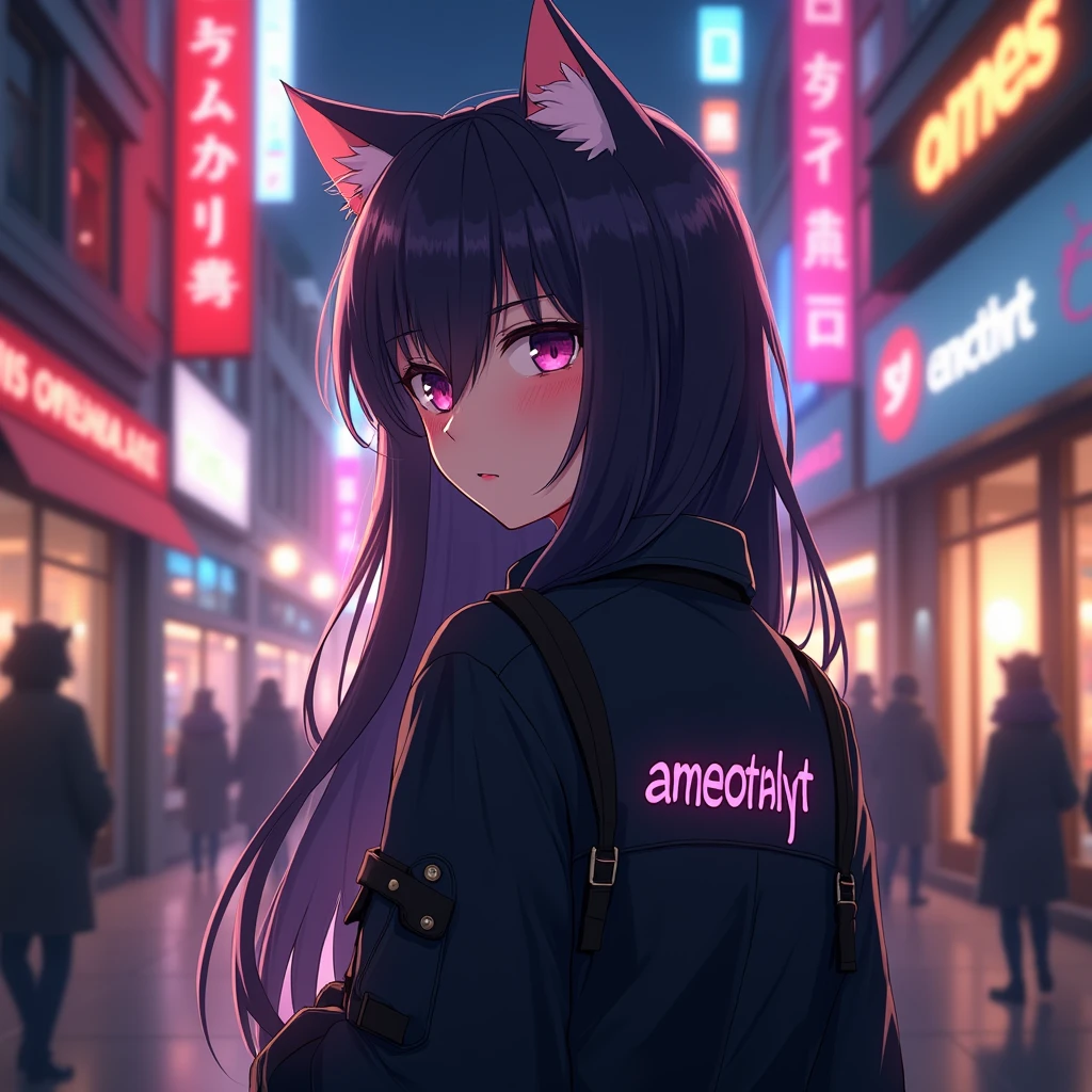 long haired anime girl is wearing black 
aesthetic jacket, with cat ears and with a text "amethyst" at the back of her clothes, in 
citylights background