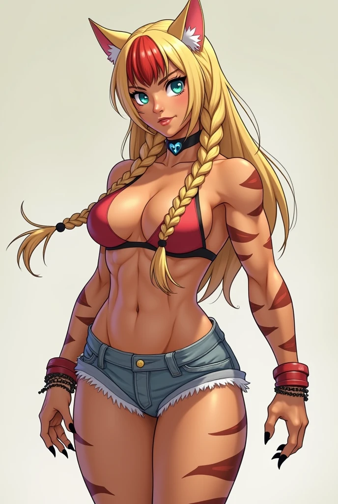 Heroine Very muscular woman body builder body of a professional fighter athletic great physical attributes brown skin with tanned tiger spots she has sun marks from her bra and thong panties in Vê, She is blonde with long hair with a single red fringe and has two long braids and cat ears., It has eyes of two different colors, the left one is pool blue and has a pool blue sclera, the right one is yellow and has a yellow sclera, both eyes have a cat's pupil, has black claws on its nails, she has a heart collar around her neck, She is wearing very typical Brazilian clothing, a red women's tank top, denim shorts and flip-flops.. Art style Vtuber 2.5D. Japanese anime art