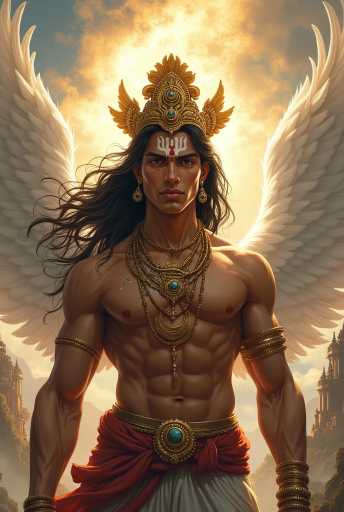 Generate a young 18- god of air looking overpower with crown and looking string and theme of indian god