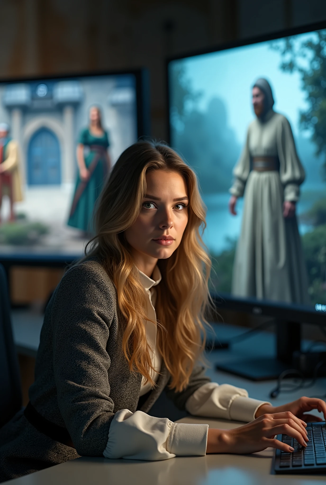 a young, beautiful and smart European woman of about 35 is sitting at her workplace. she has a confident and concentrated expression on her face. She is surrounded by modern technology. She tries on the virtual dress of a medieval queen. On one of the monitors is a picture of life in the Middle Ages. the scene represents the rapid development of new technologies and the ability to move into another world of virtual reality