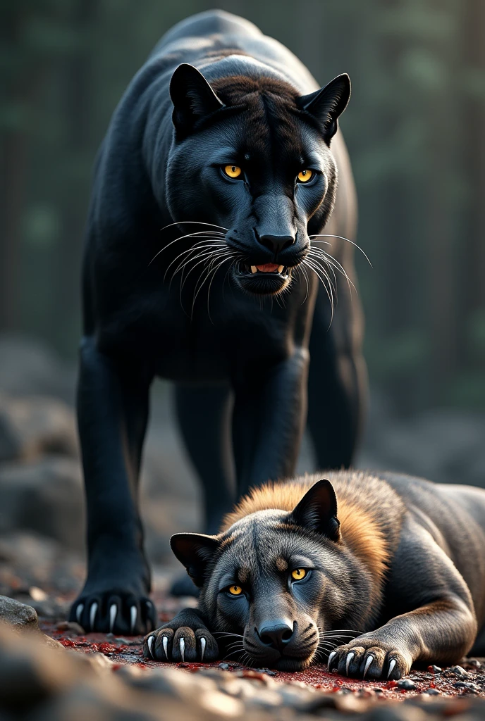 "Create a hyper-realistic image showing a dramatic scene between a snow leopard and a black panther. The image features a defeated snow leopard lying on the ground, clearly exhausted and beaten. Nearby, the enormous, powerful black panther dominates the scene as the clear winner. The black panther, depicted as a sleek and muscular predator, has sharp teeth and an imposing size that contrasts with the vulnerable position of the snow leopard. The setting is stark and emphasizes the snow leopard's loss and the black panther's dominance. The details of both animals are extremely realistic, focusing on the snow leopard's fur texture and the black panther's sleek coat and sharp claws. The image is in portrait orientation with a resolution of 1080x1920."